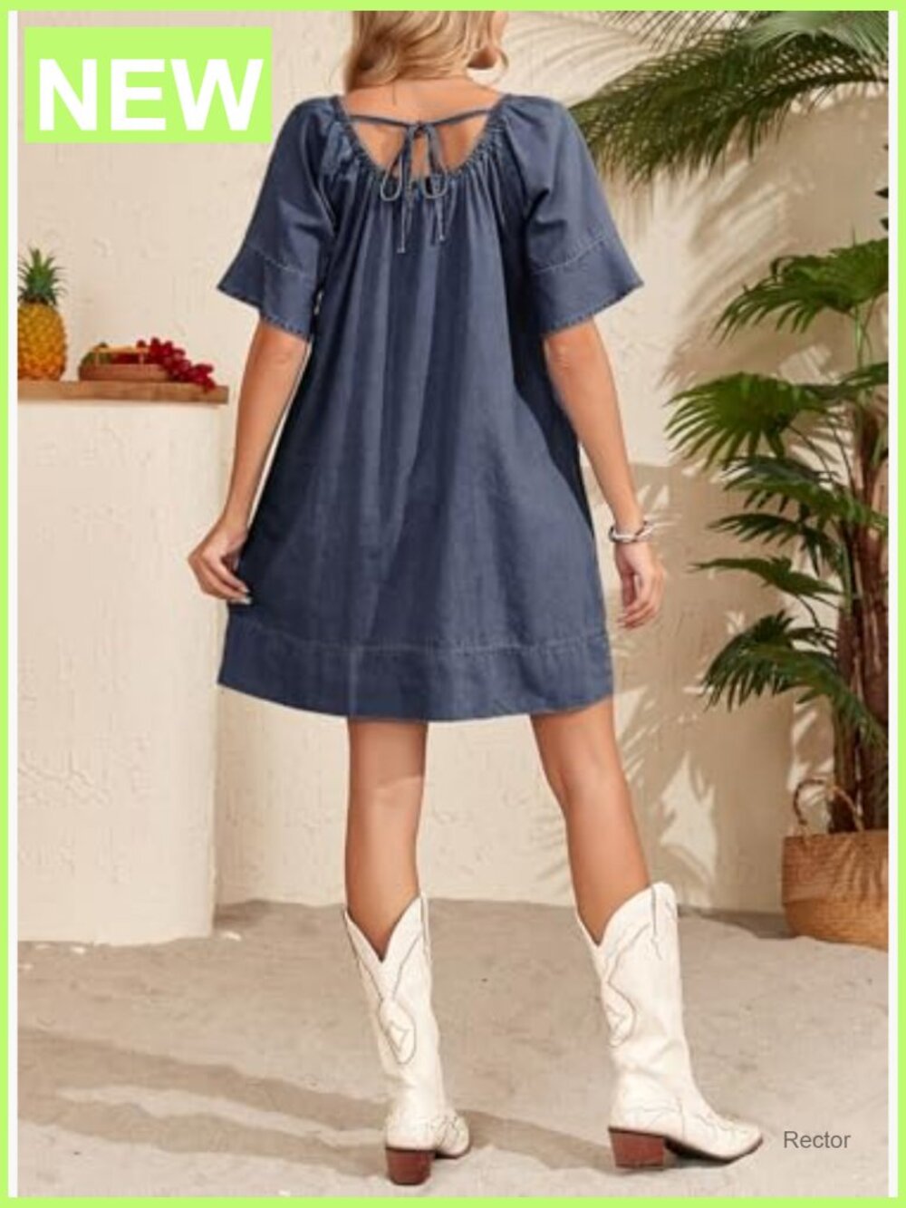 Lightweight Flowy Denim Dress Square Neck Short Sleeve Tie Knot Front - Picture 3 of 7